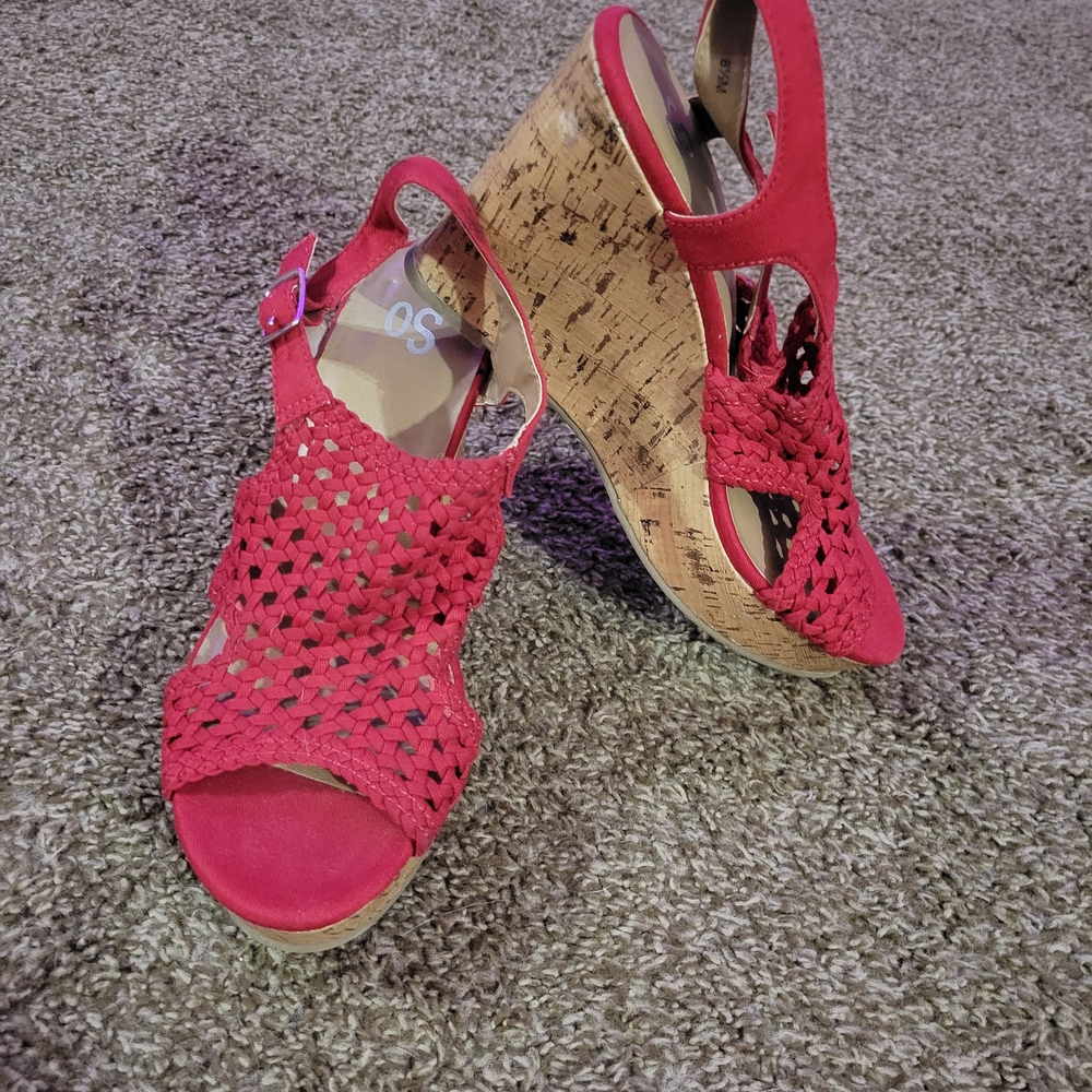 SO Red Woven Cork Wedge Sandals